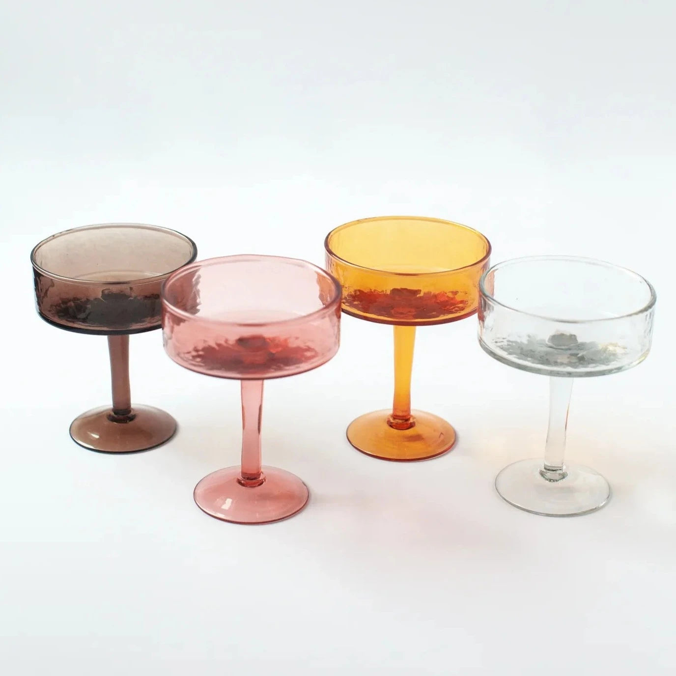 Handblown Hammered Coupe Cocktail Glasses, Amber - set of 4