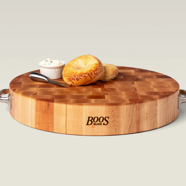 Boos Block Round Chopping Block with Metal Handles 3" Thick (Handle Boards), Maple