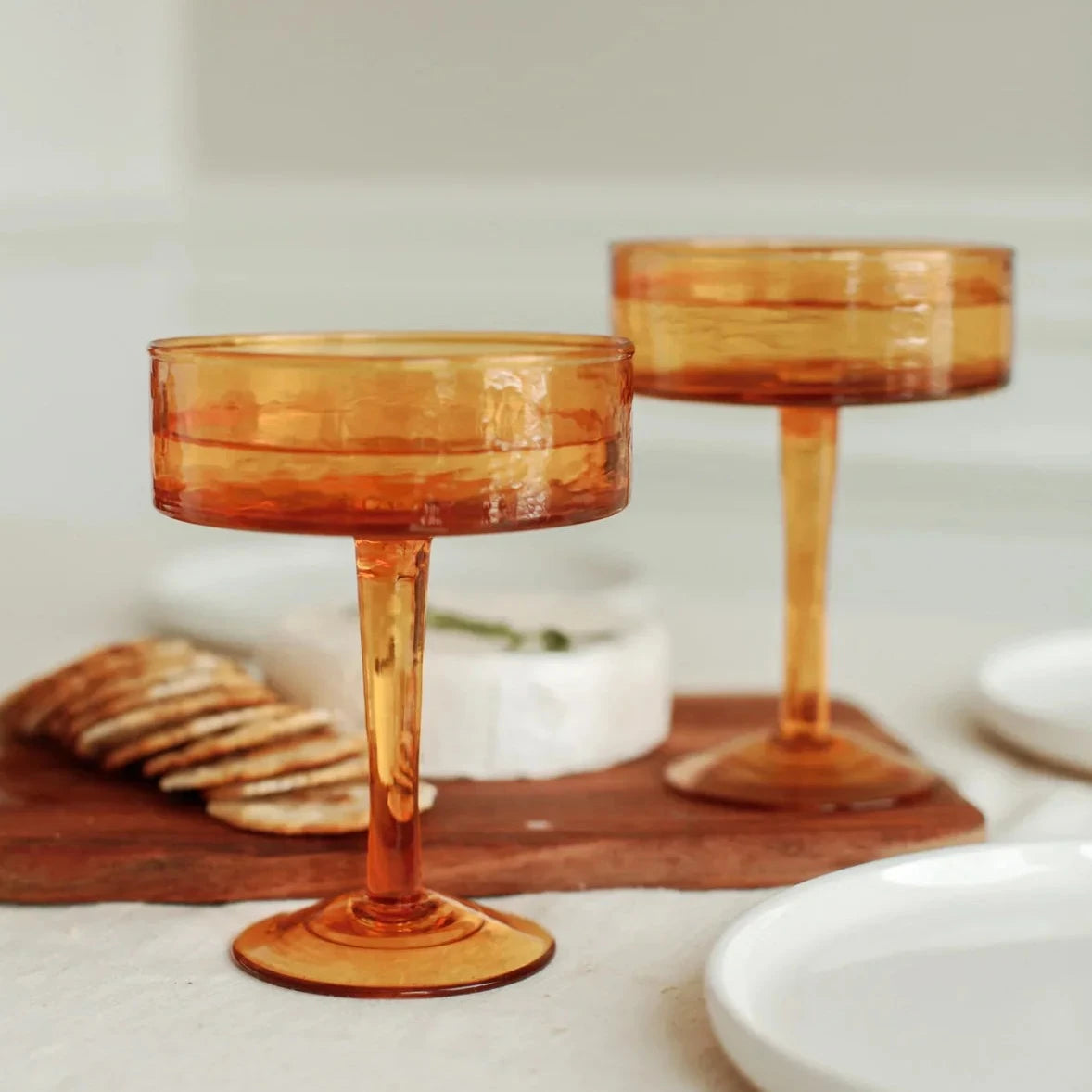Handblown Hammered Coupe Cocktail Glasses, Amber - set of 4