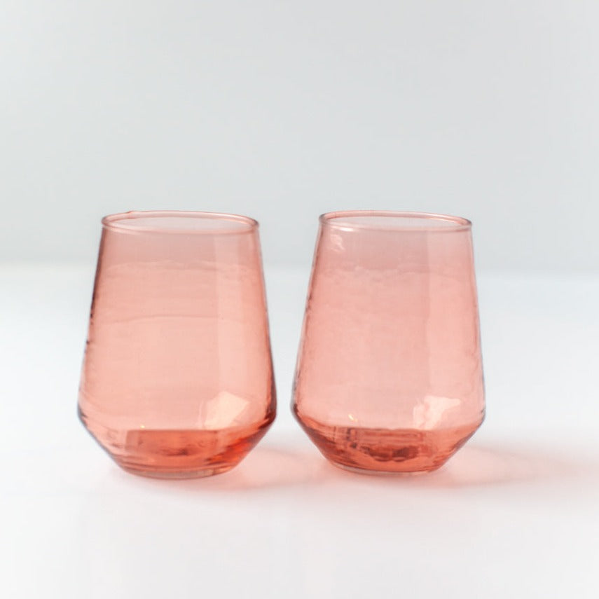 Handblown Hammered Glass Water Tumbler, Blush - set of 4