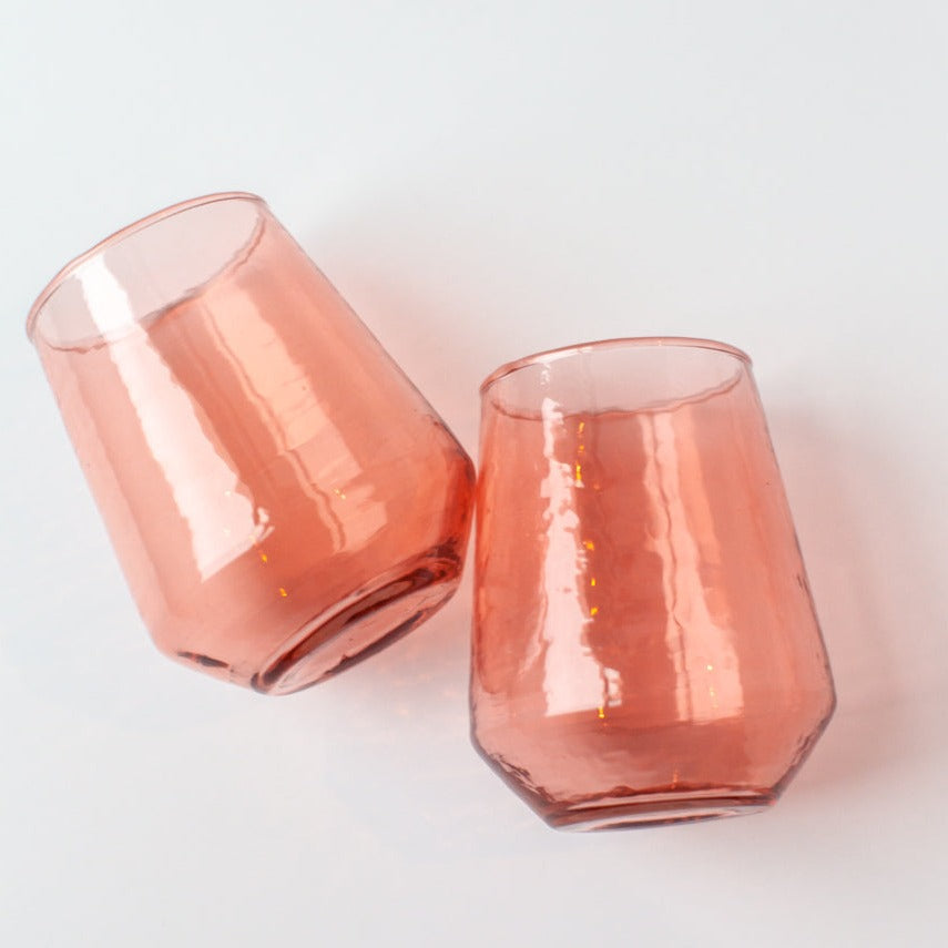 Handblown Hammered Glass Water Tumbler, Blush - set of 4