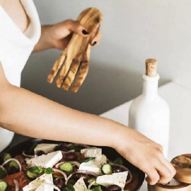 Olive Wood Salad Servers Flat Forks Set