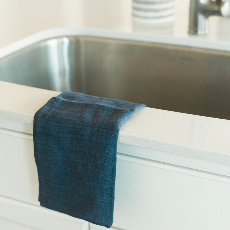 Stone Washed Linen Tea Towel - Navy