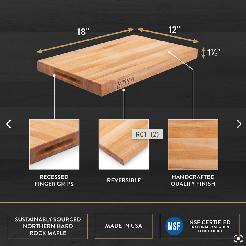 Boos Block R-Board Series Large Reversible Wood Cutting Board, 1.5-Inch Thickness, 18" x 12" x 1 1/2", Maple