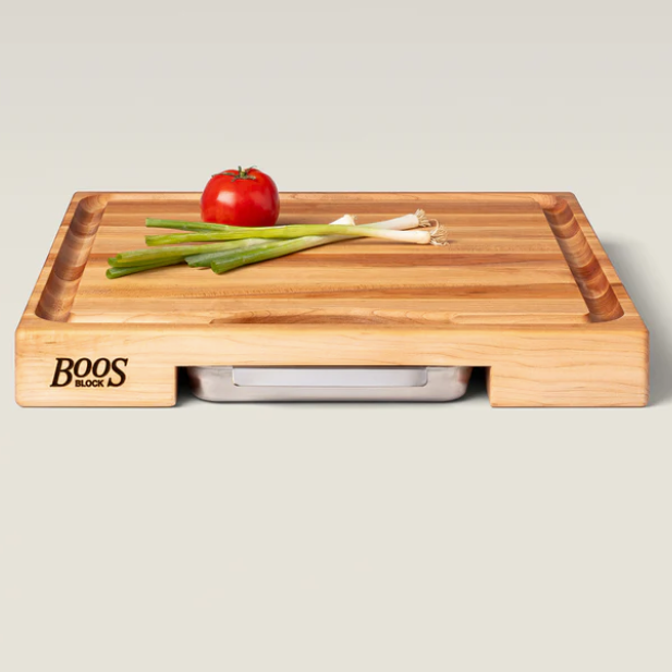 Boos Block Newton Prep Master II With Sloped Juice Groove, Stainless Steel Tray, Reversible Concave Center, 2-1/4" Thick (Prep Master Series), Maple